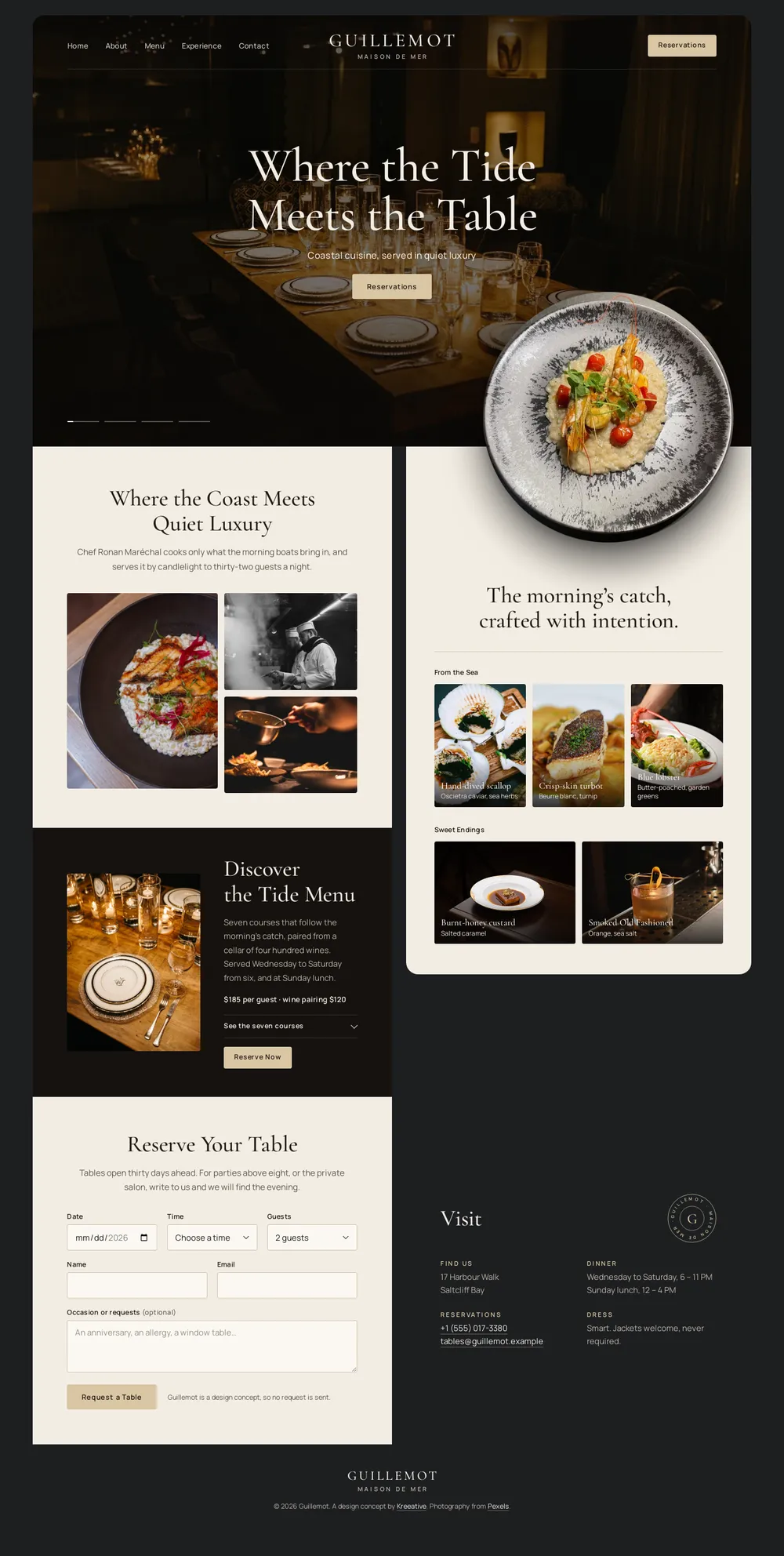 The whole Guillemot page: the hero, the chef’s mosaic, the menu card, the Tide Menu, the reservation form and the visit details